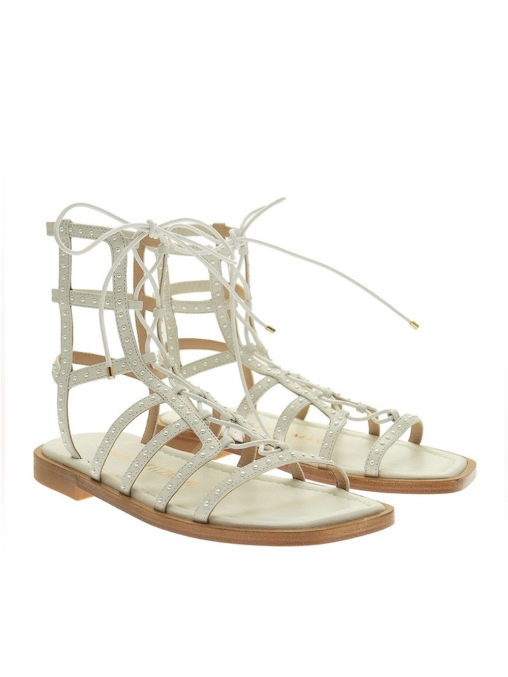 Stuart Weitzman Kora Lace Up Pearly Stud Gladiator Square Toe Sandals White 9.5